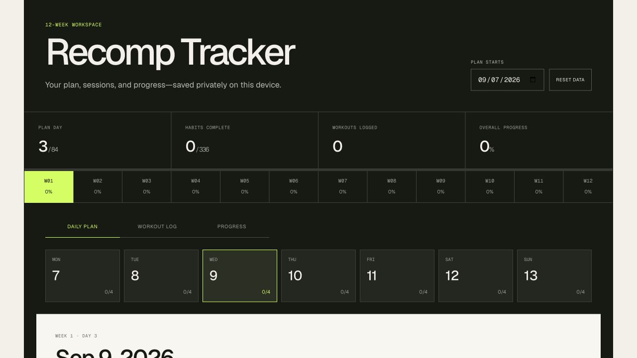 Recomp Tracker showing the 12-week overview, daily plan tabs, and a seven-day schedule.
